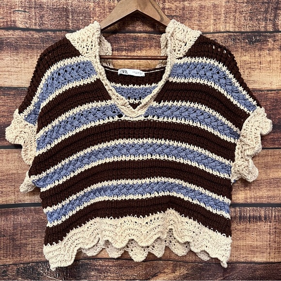 (Flawed) Zara Striped Crochet Knit Top Brown/Blue Cream Hooded Size Small - Picture 2 of 10